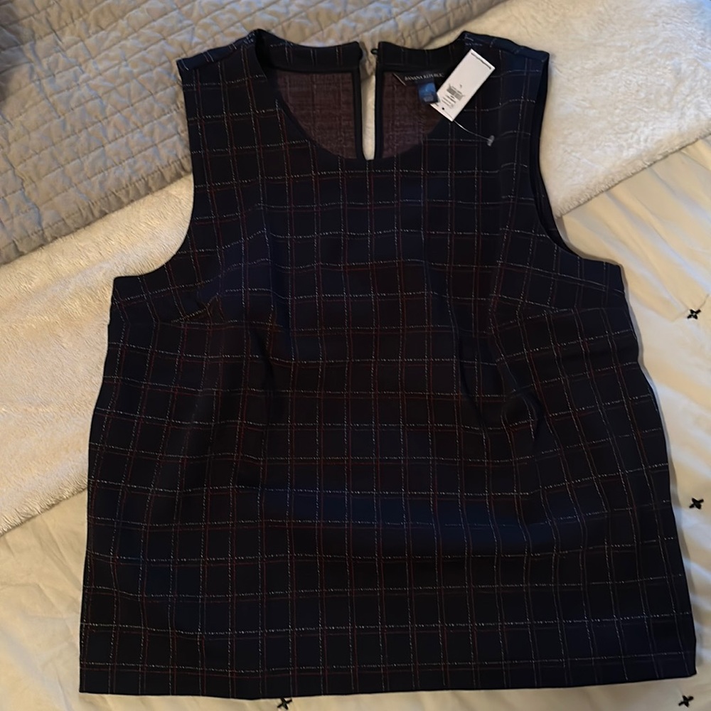 NWT Dark navy sleeveless top, red and white plaid